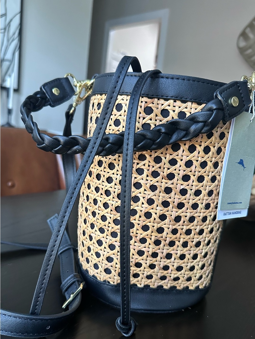 NWT Tommy Bahama Black & Natural Rattan Crossbody Bucket Bag